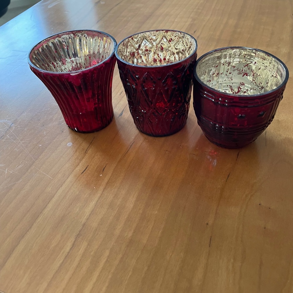 Red and silver colored candle votives set of three